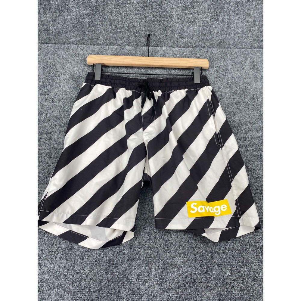 Savage Swim Shorts Trunks Mens Small Black White Diagonal Stripe Graphic Beach